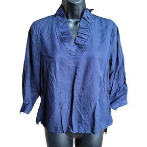 Crown & Ivy Petite Blue Long Sleeve Ruffled V-Neck Blouse Women Petite SMALL 996